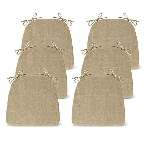 IASEAHK Chair Cushions for Dining Chairs Set of 6, Non Slip Kitchen Chair Pads, 17" x 16" x 2", Indoor Dining Chair Cushions with Ties, D-Shaped Seat Cushions for Kitchen Chairs, Khaki - color: Khaki, size: 6 Pack