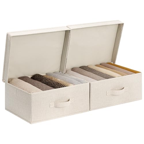 StorageWorks Storage Bins with Lid, Decorative Fabric Storage Bins with Handles, Stackable Closet Organizers for Shelves and Bedroom, Small, Khaki and Beige Stripes, 2-Pack - color: Khaki and Beige Stripes, size: 15"L x 11 ¼"W x 6 ¼"H