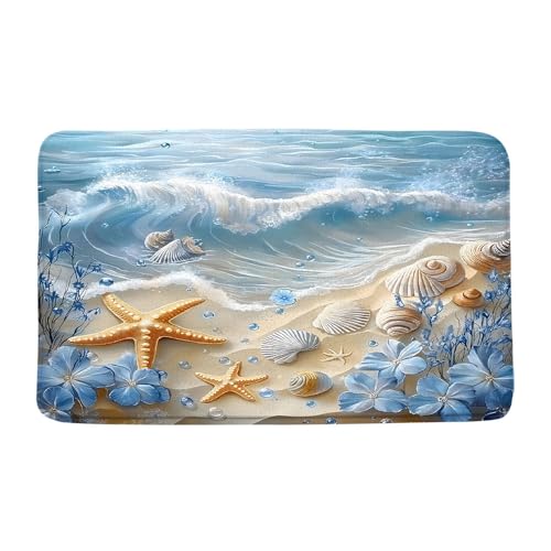 Beach Starfish Seashells Bath Mat Blue Ocean Flower Tropical Seaside Summer Coastal Theme Microfiber Memory Foam Bathroom Rug Doormat Toilet Floor Rug,24x59 Inch - size: 24x59Inch(60x150cm)