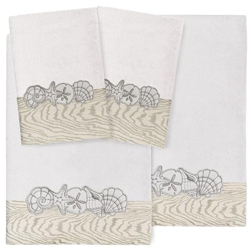 Seaside 4-Piece Luxury Towel Set, Sparkling Seashell Applique, Plush Turkish Cotton, Durable & Quick Dry, Nautical Bath Ensemble, 2 Bath 2 Hand Towels, Silver - color: Silver, size: 2 Pcs Bath 2 Pcs Hand Towel