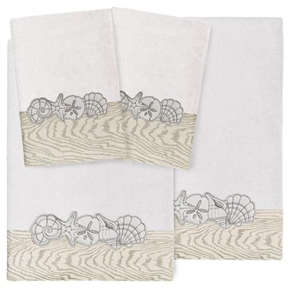 Seaside 4-Piece Luxury Towel Set, Sparkling Seashell Applique, Plush Turkish Cotton, Durable & Quick Dry, Nautical Bath Ensemble, 2 Bath 2 Hand Towels, Silver - color: Silver, size: 2 Pcs Bath 2 Pcs Hand Towel