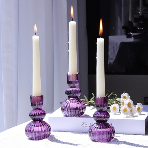 Woho Purple Taper Candle Holders Set of 3, Candlestick Holder for Halloween | Purple Candlestick Holders Set of 3 for Halloween Decorations, 4.3" H Vintage Candle Sticks Holder Decor for Birthday Party - color: Purple