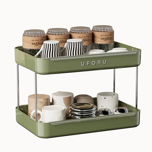 UFORU Countertop Coffee Station Organizer,Cup Rack,Mug & Wine Glass Holder | 2-Tier Green Mug Shelf with Removable Drain Tray,Bathroom Countertop Organizer,Spice Rack for Kitchen - color: Green