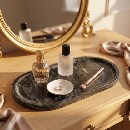 YKAJO Wave Grey Oval Marble Tray, 11.8x5.9 Vanity Perfume Organizer Dish | Honed natural stone; jewelry & trinket dish, ring & key holder, soap & candle catchall; bath counter, dresser, coffee table - color: Wave Grey, size: 11.8" x 5.9" x 0.6"