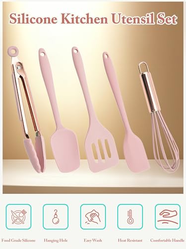 Kitchen Utensil Set,5 Pcs Mini Silicone Cooking Utensils Sets,Heat Resistant Non Stick Kitchens Gadgets BPA-Free Spatula Set,Kitchen Set for Cooking(Pink) - color: Pink