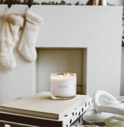 Evergreen & Eucalyptus 3 Wick Scented Candle - 43 Hour Burn | Made in the USA Luxury Clean Soy Wax Candles - Long Lasting Large Glass Jar Candle for Home - 3 Wicks - 14.9oz - color: Evergreen + Eucalyptus