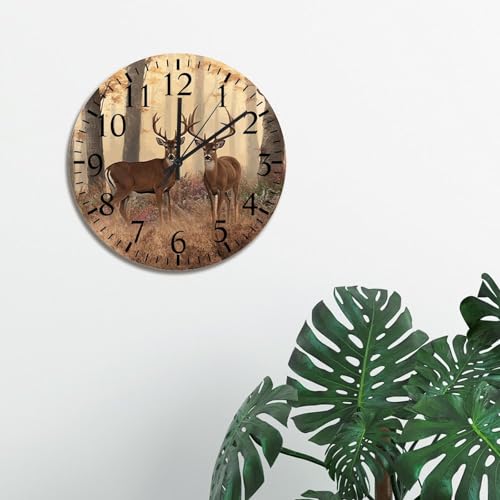 Deer Buck Wall Clock Jungle Deer 15 Inch Large Wall Clocks Battery Operated Silent Modern Boho Retirement Living Room Decor Gift for Man Woman Friend Anniversary
