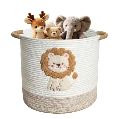 Cute Nursery Bin, Baby Toy Organizer (13.8"x13.8"), Storage Basket for Organizing, Woven Rope Basket for Shelves, Cute Baskets with Handle for Nursery, Playroom (Lion, Large) - color: Lion, size: Large