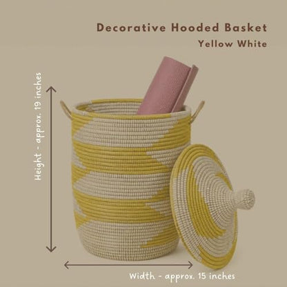 Decorative African Hooded Basket with Lid and Handles, 15" Wide, 19" Tall (Yellow White) - color: Yellow White