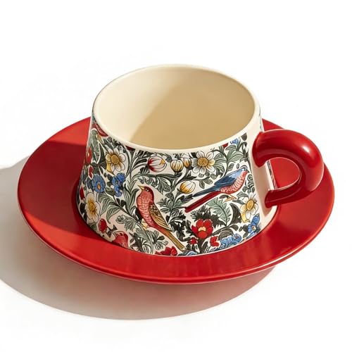 Ceramic Cup and Saucer Set, Luxurious Coffee/Tea Mug, Vintage Beautifully Printed Cups with Handle Practical Gifts for Women Housewarming/Birthday/New Year/Valentine's Day/Mother's Day, 8.8oz (Red) - color: Red