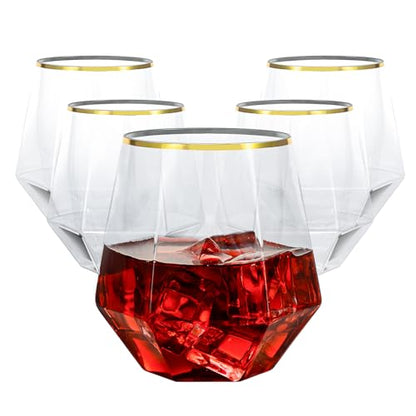 Goodluck 40PCS 12oz Diamond Stemless Plastic Wine Whiskey Glasses,Gold Rim | Disposable Cocktail Glasses, Suitable for Weddings, Birthday Parties, Family Gatherings, Bars, etc - color: Clear and Gold