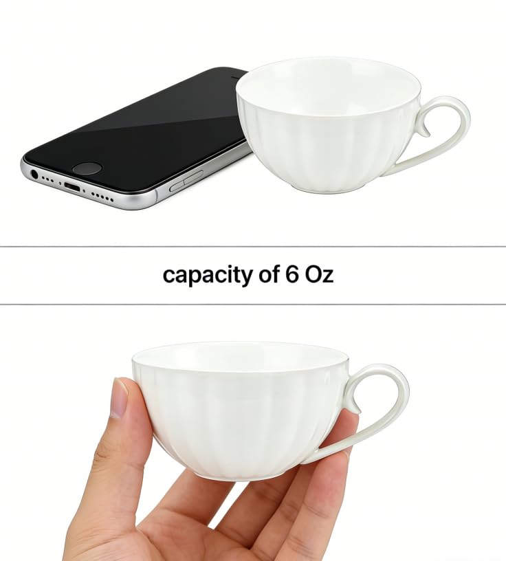 Yesland Set of 6 Royal Tea Cups and Saucers, 6 oz White Porcelain Tea Set & British Coffee Cups, White Latte Cups and Espresso Mug for Specialty Coffee Drinks, Latte, Cafe Mocha, Tea