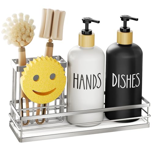 Moforoco Kitchen Dish Soap Dispenser Set, 16OZ Glass Bottle, Hand and Dish Soap Dispenser Set, Instant Dry Tray, Brush Holder with Smiley Face Sponge Holder (Silver Tray+Black&White Bottle) - color: Silver Tray+black&white Bottle