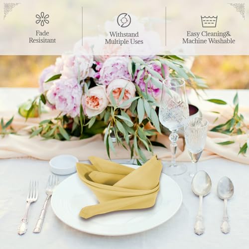 PLOYMONO Gold Cloth Napkins - 8 Pack 17" x 17" Washable Polyester Napkins | Heavy Duty 180 GSM Cloth Napkins with Hemmed Edges - Great for Restaurants, Weddings, Parties, Banquets Dinner - color: Gold