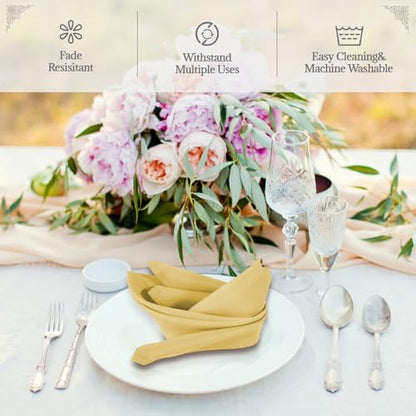 PLOYMONO Gold Cloth Napkins - 8 Pack 17" x 17" Washable Polyester Napkins | Heavy Duty 180 GSM Cloth Napkins with Hemmed Edges - Great for Restaurants, Weddings, Parties, Banquets Dinner - color: Gold