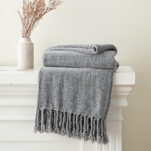 BATTILO HOME Light Gray Chenille Throw Blanket for Couch, Soft Cozy Textured Knit Throw Blanket with Handmade Fringe Tassels, Lightweight Decorative Farmhouse Blanket for Sofa Bed Chair, 50"x60" - color: Light Grey