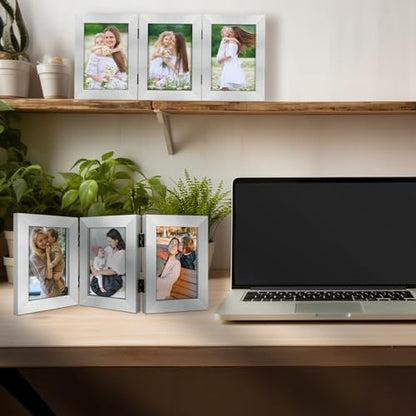 Golden State Art, 4x6 Triple Picture Frame Silver- Real Glass, 1 Pack | Trifold Photo Frame Vertical Display for Desktop - Three Folding Picture Collage - color: Silver, size: 4x6(1 Pack)