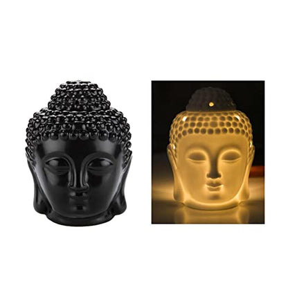 Ceramic Buddha Head Essential Oil Burner with Candle Spoon for Yoga Spa Bedroom Home Decoration, Aromatherapy Wax Melt Burners Oil Diffuser Tealight Candle Holder (Black)