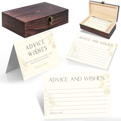 Champagne Gold Advice and Wishes Cards Set with Wooden Keepsake Box & Sign - 60 Elegant Dandelion Floral Guest Book Alternative for Wedding Reception & Bridal Shower - color: CHAMPAGNE