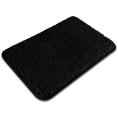 Small Bathroom Rug 12"x18" – Washable and Absorbent Bath Mat, Non Slip, Thick Soft Chenille Bath Rugs for Bathroom, Shower, Sink, Dog mat(Black) - color: Black, size: 12"x18"