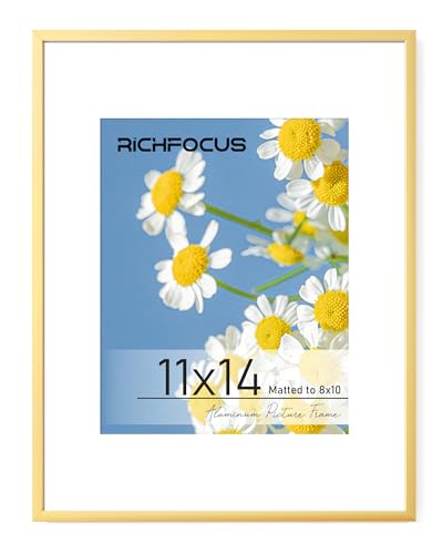 RICHFOCUS 11x14 Picture Frame with Mat for 8x10|11 x 14 Modern Photo Frame Gold|11x14 Metal Aluminum Frames for Wall Mounting|Hanging Hardwares Included, Set of 1 - color: Gold, size: 11x14-1P-Plexiglass