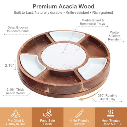 360° Rotating Lazy Susan Cheese & Charcuterie Board Set - 13.5" Acacia with Built-in Slate Chiller, 3 Ceramic Bowls & 2 Cheese Knives - Housewarming, Birthday & Wedding Gift - size: Round 13.5" Lazy Susan