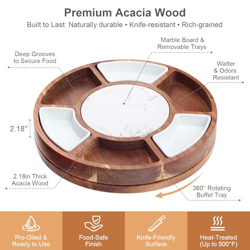 360° Rotating Lazy Susan Cheese & Charcuterie Board Set - 13.5" Acacia with Built-in Slate Chiller, 3 Ceramic Bowls & 2 Cheese Knives - Housewarming, Birthday & Wedding Gift - size: Round 13.5" Lazy Susan