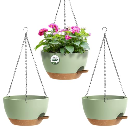 3 Pack 10 Hanging Flower Pots with Chains Self Watering Plastic Planters for Indoor Outdoor Plants, Sturdy Triangular Iron Chain Design for Garden PorchPlastic hanging flower pots (3, Green Brown) - color: Green Brown