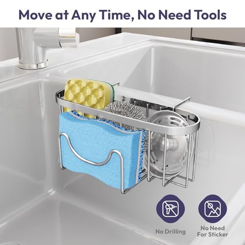 SWTYMIKI Sponge Holder for Kitchen Sink - Movable Kitchen Sink Caddy with M Shape Hook Stainless Steel Hanging Sponges Caddy Organizer in Double Bowl Sinks Depth>3.15in, Middle divider<1.5in, Silver L - color: Silver-large