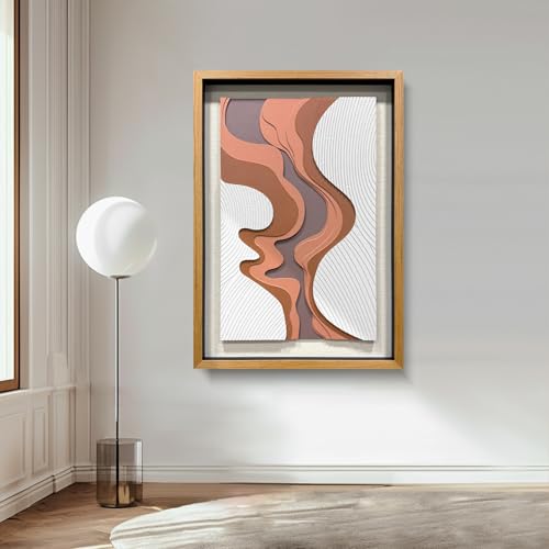 BrightA 5-Layer Wood Relief Wooden Wall Art Fluid Curves in Warm Brown & Ash Grey with Linear Grain Background, Framed in Solid Wood & Tempered Glass for Contemporary Walls 27.5"x39.4" - color: Rice white + earth yellow + dark brown 3 + natural wood tone,