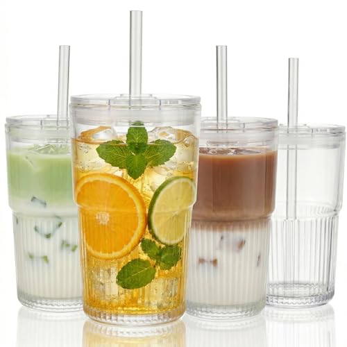 Haundry Ribbed Glass Tumbler with Lid and Straw, 4 Pack 16 oz Iced Coffee Cups, Reusable Drinking Glasses with Leak-Resistant Lids, Fits Car Cup Holders, Dishwasher Safe for Latte, Smoothie, Juice - color: 16oz-4pcs
