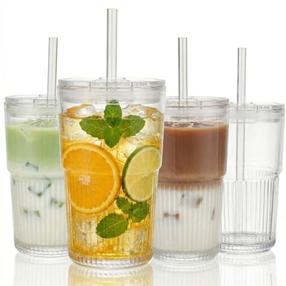 Haundry Ribbed Glass Tumbler with Lid and Straw, 4 Pack 16 oz Iced Coffee Cups, Reusable Drinking Glasses with Leak-Resistant Lids, Fits Car Cup Holders, Dishwasher Safe for Latte, Smoothie, Juice - color: 16oz-4pcs