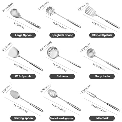 304 Stainless Steel Cooking Utensils Set, 9 PCS Metal Stainless Steel Kitchen Utensils Set, Serving Spoon, Spaghetti Spoon, Skimmer, Meat Fork etc (Dishwasher Safe)