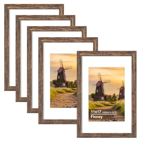 11x17 Picture Frame 5 Pack, Rustic Brown Photo Frame, Display Pictures 8x12 with Mat or 11x17 without Mat for Horizontal or Vertical Wall Mounting, Wall Gallery Frame for Artwork Certificate - color: Rustic Brown, size: 11×17-5PACK