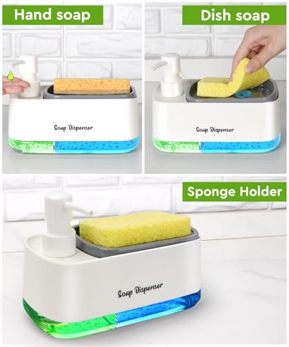 5-in-1 Kitchen Soap Dispenser Set with Sponge Holder - Dual Hand & Dish Soap Pump Dispenser for Sink Countertop with 2-Packs Natural Loofah Dish Sponge Dishwashing Scrubber,White - color: White(n5-in-1)
