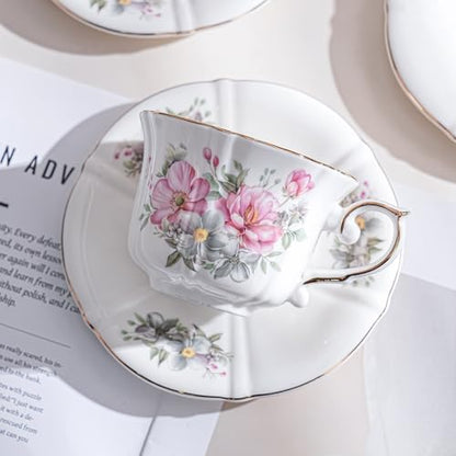 Ceramic Floral Cups with Saucers，7 oz Espresso Cups for Latte Coffee Cafe, Cappuccino and Tea (1, Pink flowers) - color: Pink Flowers