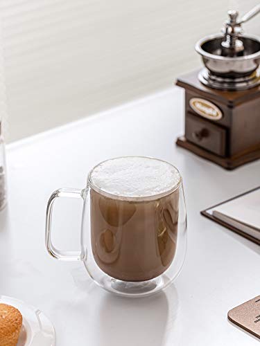 Kanwone Large Glass Coffee Mugs - 14 Ounce - Double Wall Insulated Glasses with Handle, Clear Glass Coffee Mugs, Perfect for Latte, Macchiato, Americano, Cappuccino, Tea and Beverage, Set of 2