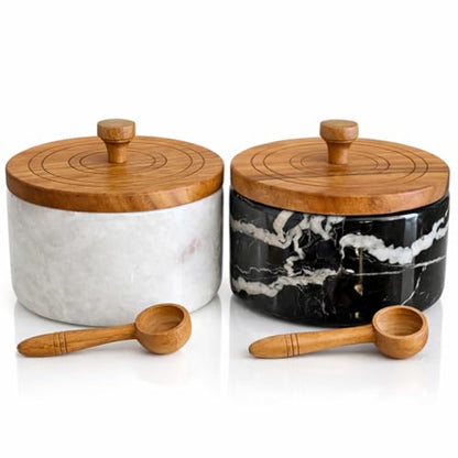 Marble salt and pepper containers with spoon, salt cellars with lid and spoons, salt and pepper holders, salt and pepper cellars, marble salt and pepper bowls with wooden lid - White/Black