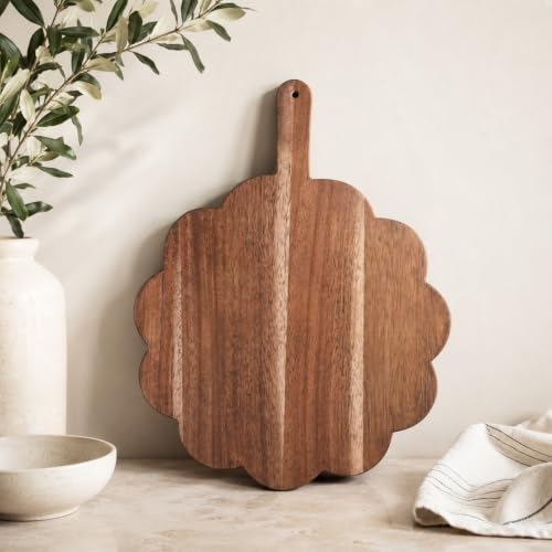 Scalloped Acacia Wood Boards with Handle, Acacia Wood Scalloped Cutting Board, Wooden Cutting Board, Round Decorative CuttingBoards for Cheese Meat Fruit Bread Baking(15.2 x 11.2 x 0.6 inch)