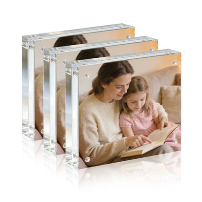 Acrylic Frame, 4x4 Picture Frame 3 Pack, 20MM Thicker Block, Double Sided Magnetic Clear Freestanding Photo Frame for Desk or Tabletop Display - size: 4x4" 3pack