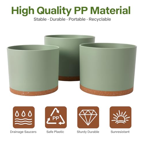 3 Pack Cylinder Planter Set 10/9/8 Inch White Indoor Plant Pots | Modern flower pots with drainage holes and saucers. For outdoor garden, succulent, nursery, and house plants. - color: Green-brown