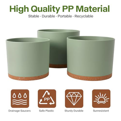 3 Pack Cylinder Planter Set 10/9/8 Inch White Indoor Plant Pots | Modern flower pots with drainage holes and saucers. For outdoor garden, succulent, nursery, and house plants. - color: Green-brown