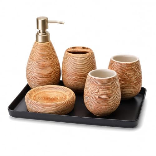 Bathroom Ceramic Accessories Set, 6 Piece Bathroom Set with Including Soap Dispenser Mouthwash Cup Soap Dish Toothbrush Holder Tray (Brown)