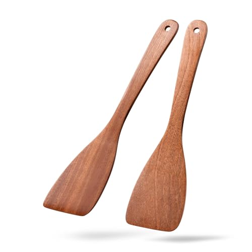 Wooden Spatulas for Cooking, 2 Pack, 13 Inch, Sapele Wood | Thin flat edges help flip, stir and scrape; long handles provide comfortable reach and stay gentle on nonstick cookware. - color: Sapele Reddish Brown, size: Thin 13" Flat Edge