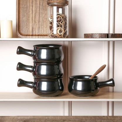 vicrays French Onion Soup Bowls With Handles, 26 Ounce for Soup, Chili, Beef Stew, Chip Resistant, Dishwasher Microwave Safe, Set of 4 (Black) - color: Black