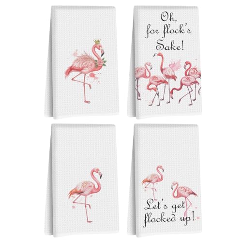 4 Pcs Funny Flamingo Kitchen Towels, Hot Pink Bird Reusable Dish Towels | Flamingo Gifts for Women Mom Waffle Weave Absorbent Hand Cloth Tea Towel for Kitchen Home Bathroom Decor 24x14 Inch - color: Multi 1483