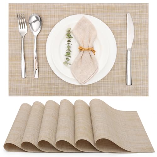 Myir JUN Placemats Set of 6 Kitchen and Dining Table Placemats | Vinyl Placemats Place Mats Indoor/Outdoor Set of 6 Washable Table Mats Non-Slip Place mats for Dining Table, Beige - color: A-beige, size: Set of 6