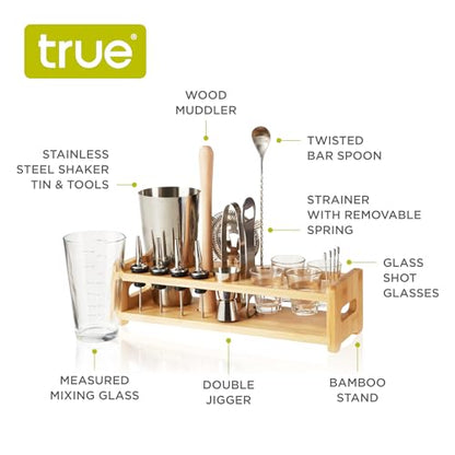 True 20-Piece Cocktail Shaker Bar Set with Wooden Stand Includes Boston Shaker, Mixing Glass, Muddler, Jigger, Strainer, Bartender Kit for Mixed Drinks, Cold Brew Cocktails, Home Bar Tools - size: 20-Piece