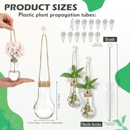 12 Pack Hanging Plant Propagation Stations 3.9 Inch Plastic Propagation Vases with Hooks and Cleaning Brush Clear Window Wall Jars for Home, Office, Bathroom Decor, Gift for Plant Lovers