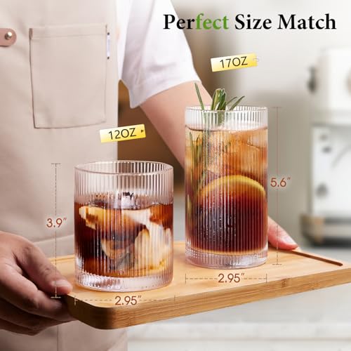 Drinking Water Glass Cups Set,Crystal Clear ribbed Glass set of 8,17oz&12oz | Unique Design Vintage Cocktail Glass, Tall Glass Cups Ideal for Ice Coffee Cup, Whiskey, Mixed Drinkware - style: Retro